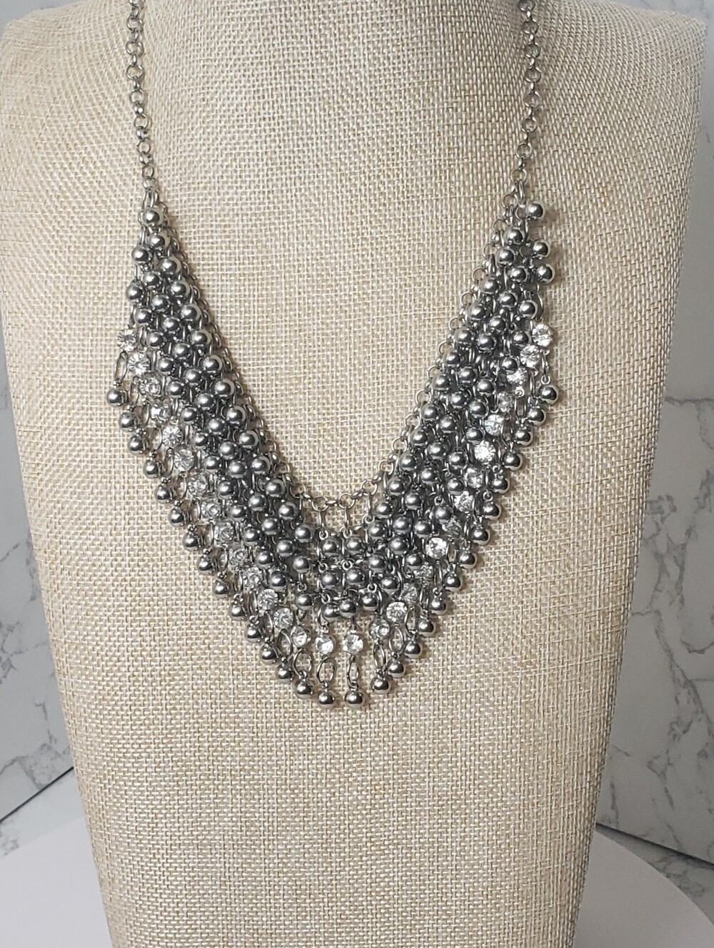 LANE Drape Style Bib Necklace Silver-tone Beads & Crystals